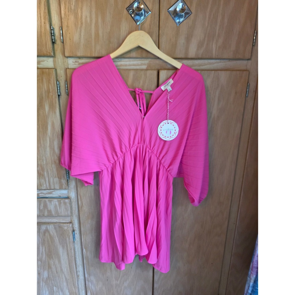 Umgee USA Hot Pink Pleated Babydoll Tunic Top Kimono Sleeve Large NEW